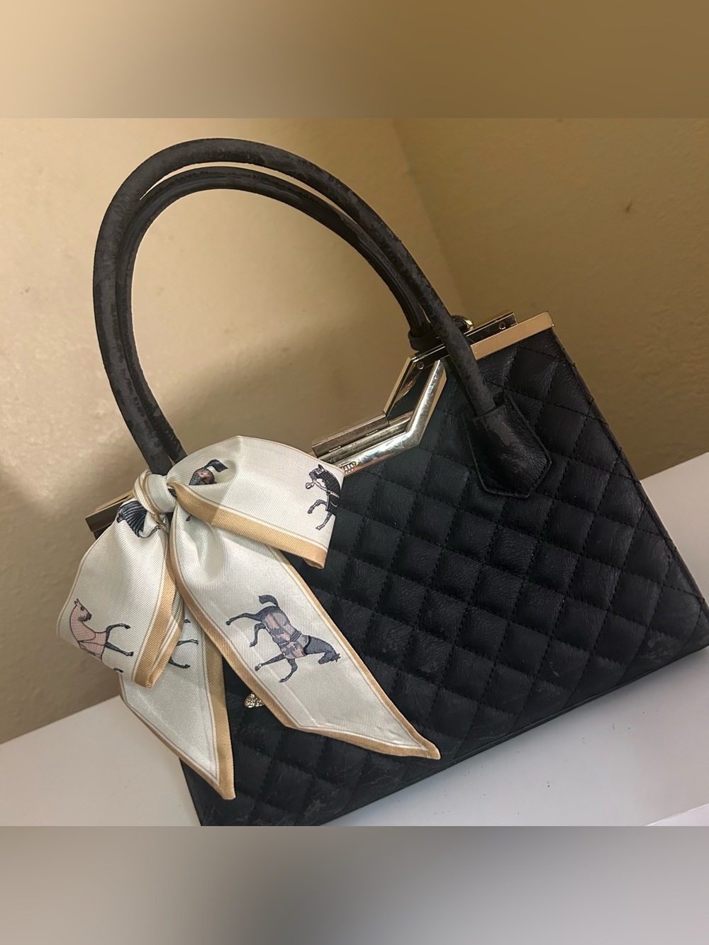 2 in 1 Twilly Women Purse Scarf Horse Equestrian Print Yellow Cream Gray